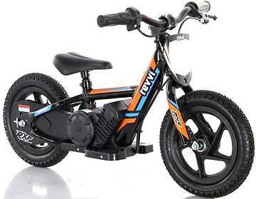 The Revvi 12" Kids Electric Balance Bike in orange and black boasts chunky tires, a twist throttle, and BMX-style handlebars. This lightweight motorbike prominently features the "revvi" brand name on its frame. Displayed against a white background, it is perfect for young adventurers seeking thrills.
