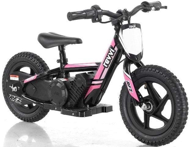 Presenting the Revvi 12" Kids Electric Balance Bike - Pink, an off-road adventure machine designed for kids. This electric-powered motorbike sports a bold pink and black design with chunky tires, an adjustable seat, and is equipped with a sturdy frame and handlebars. Featuring throttle control and a compact motor housing on the side, this bike offers thrilling rides for young adventurers.