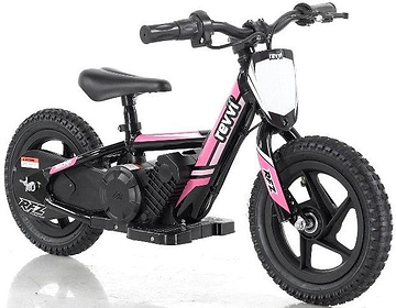 Presenting the Revvi 12" Kids Electric Balance Bike - Pink, an off-road adventure machine designed for kids. This electric-powered motorbike sports a bold pink and black design with chunky tires, an adjustable seat, and is equipped with a sturdy frame and handlebars. Featuring throttle control and a compact motor housing on the side, this bike offers thrilling rides for young adventurers.