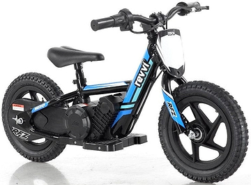 Introducing the Revvi 12" Kids Electric Balance Bike - Blue, featuring a sporty black and blue design with chunky tires, a small seat, and handlebars. This lightweight bike is equipped with throttle control and proudly displays the "Revvi" brand on its frame.