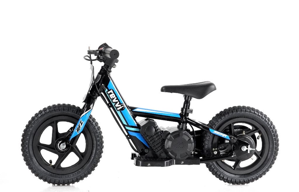 The Revvi 12" Kids Electric Balance Bike features a black and blue frame with thick black tires and prominently displays the Revvi brand name on the frame. It offers a low seat and handlebars, ideal for young riders. This kids' bike includes throttle control for an easy ride, blending fun with safety effortlessly.