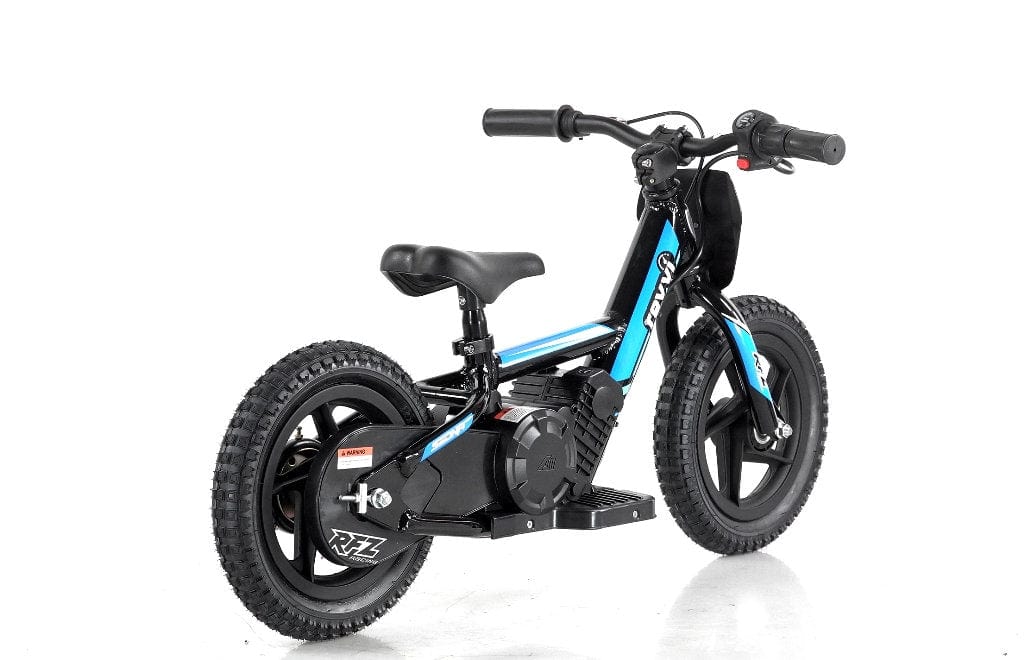 The Revvi 12" Kids Electric Balance Bike in blue is a stylish and lightweight motorbike that offers smooth rides with intuitive throttle control for improved maneuverability.