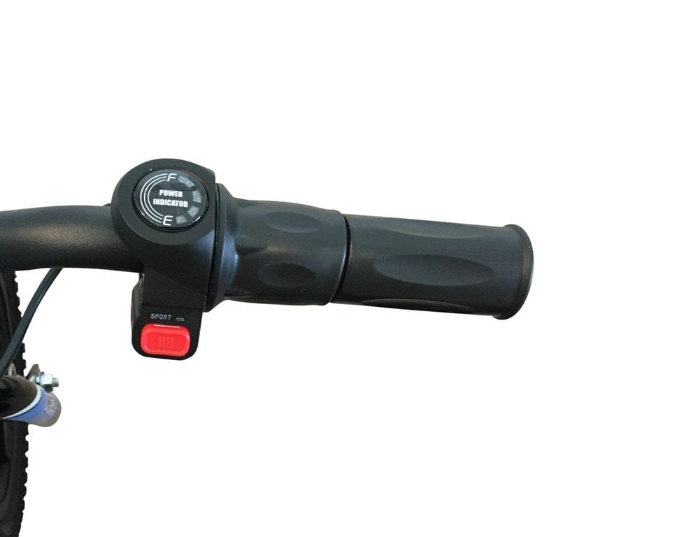 Close-up of the handlebar from the Revvi 12" Kids Electric Balance Bike - Blue, showcasing a throttle grip with "Power Indicator" and a red button labeled "Sport." Designed for an effortless and lightweight experience, the plain white background accentuates the grip and controls.