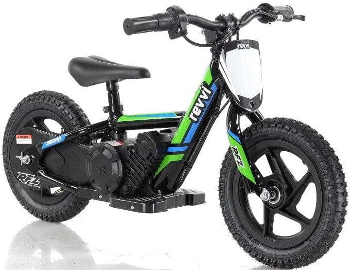 Introducing the Revvi 12" Kids Electric Balance Bike in Green, featuring a sturdy and lightweight design ideal for adventurous young riders. This bike comes with chunky tires, training wheels, and a twist throttle. The frame and handlebars proudly display the "Revvi" branding.