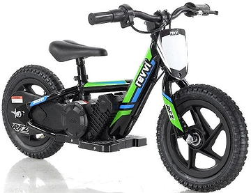 Introducing the Revvi 12" Kids Electric Balance Bike in Green, featuring a sturdy and lightweight design ideal for adventurous young riders. This bike comes with chunky tires, training wheels, and a twist throttle. The frame and handlebars proudly display the "Revvi" branding.