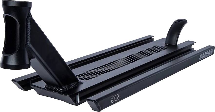 A black adjustable ski sharpening tool with a gridded base and grooved sides, designed for maintaining ski edges, features ergonomic handles on both ends for easy use and stability, akin to the versatile Root Industries Xtension Black Stunt Scooter Deck - 21".