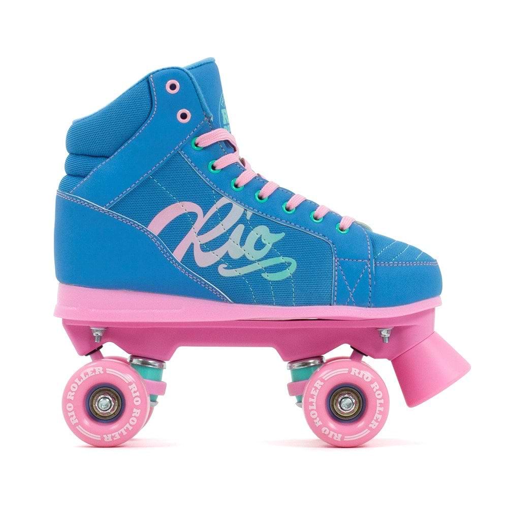 The Rio Roller Lumina Quad Roller Skates - Blue / Pink, from the brand Rio Roller, showcase a lively blue and pink look with a PVC leather boot. The boot is embellished with pink laces and trim, perfectly paired with matching pink wheels and durable nylon trucks, offering a retro and playful style ideal for roller skating fans.