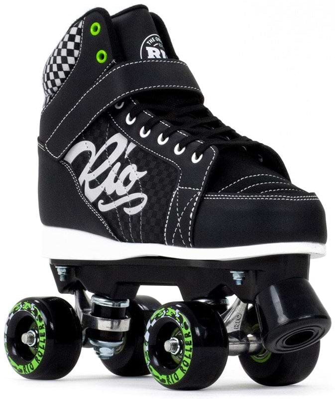 The Rio Roller Mayhem II Quad Roller Skates - Black showcase a black-and-white color scheme with green accents on the wheels. Designed in a high-top, roller derby style, these skates feature a distinctive checked pattern around the ankle and have a secure strap across the top. Built for durability, they include a Hi-Impact Chassis and display "Rio" stylishly printed on the side for added flair.
