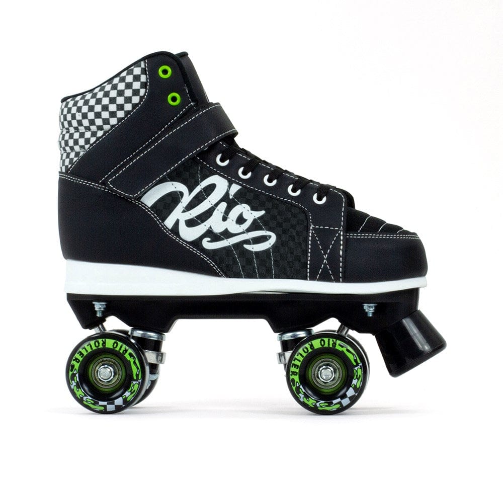The Rio Roller Mayhem II Quad Roller Skates in black feature a checkered pattern with neon green accents. Complementing their four-wheel design and Hi-Impact Chassis, these skates include a black stopper and have "Rio" elegantly scripted on the side, all set against a plain white backdrop.