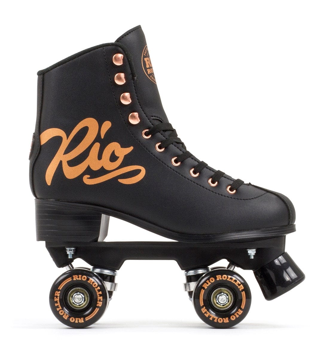 A rose black roller skate with orange laces and "Rio" in bold orange lettering. The Rio Roller Rose Quad Roller Skates feature four wheels labeled "Rio Roller" and a sturdy black brake stopper at the front, combining style with functionality for eco-friendly roller skate enthusiasts.