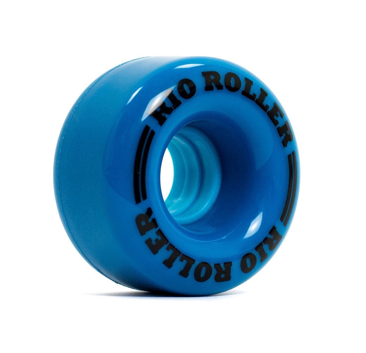 A vibrant blue Rio Roller Coaster 82A Quad Roller Skate Wheel in the size of 58mm x 33mm features black text around its edge, displaying "RIO ROLLER." The high-quality PU wheel is showcased on a plain white background, emphasizing its glossy finish and enhanced stability for smooth rides.
