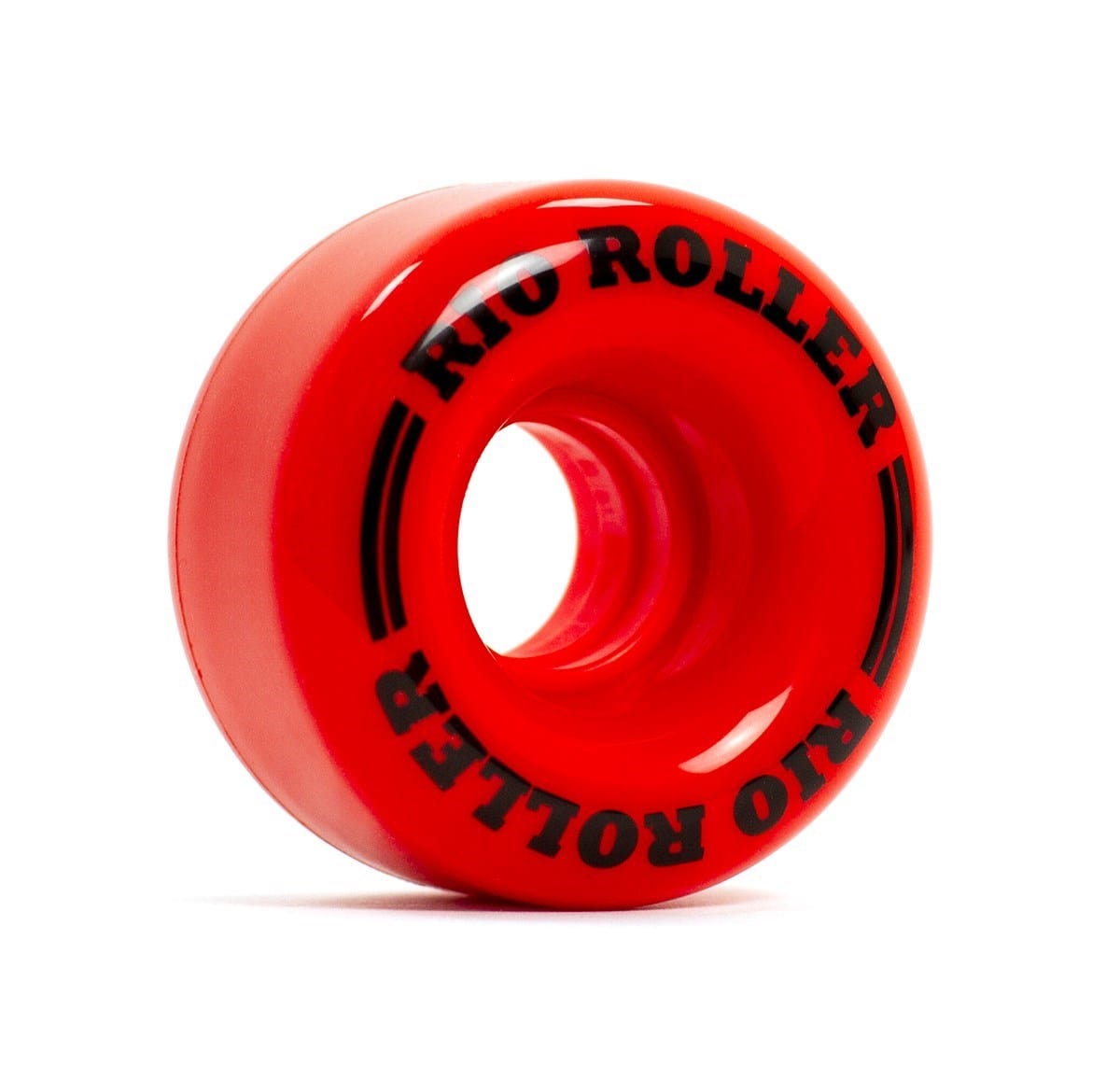 A vibrant red roller skate wheel, prominently displaying "RIO ROLLER" in bold black lettering around the rim, is set against a plain white background. These PU wheels offer exceptional stability and belong to the Rio Roller Coaster 82A Quad Roller Skates Wheels collection.