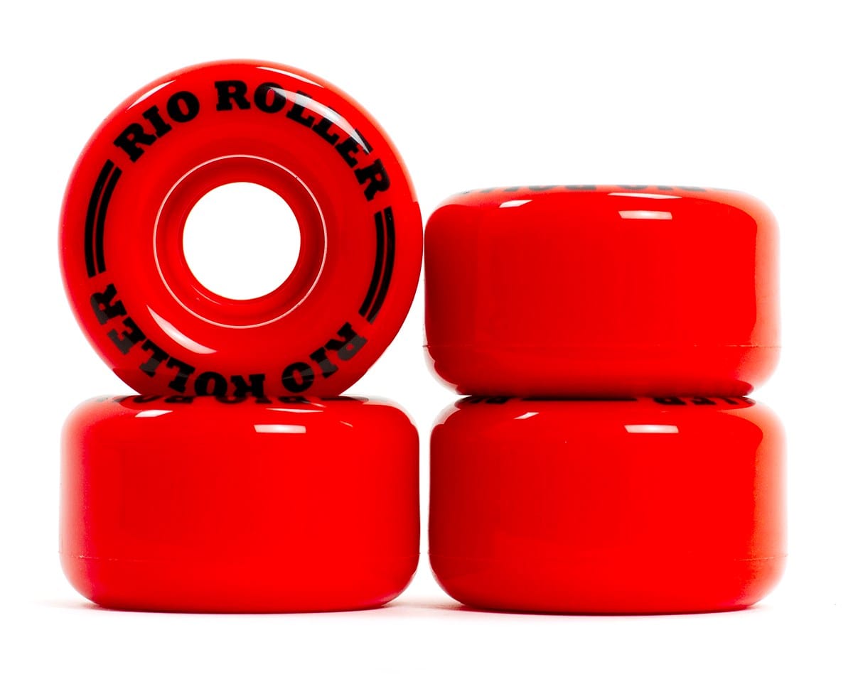 A set of four glossy red Rio Roller Coaster 82A Quad Roller Skate Wheels, each measuring 58mm by 33mm and crafted from PU material for enhanced stability, is displayed with three wheels stacked and one standing upright, showcasing the "Rio Roller" branding in black. The light reflects off the smooth, cylindrical surface accentuating their sleek design.