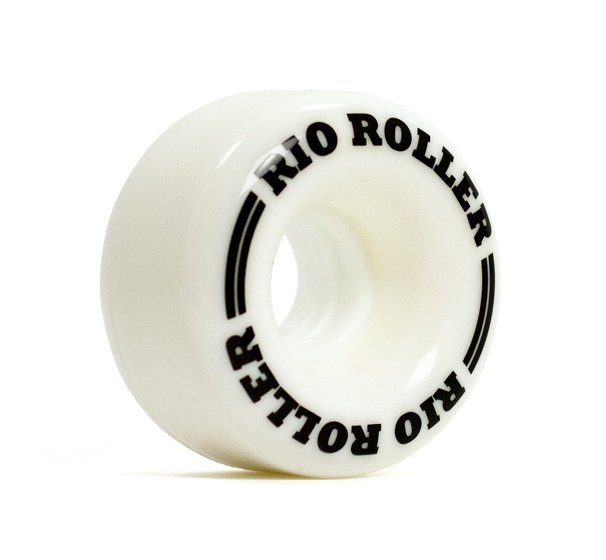Close-up of a Rio Roller Coaster 82A Quad Roller Skate Wheel showing "RIO ROLLER" printed in black on its smooth, PU surface. Engineered for stability, it has a central hole for easy attachment.