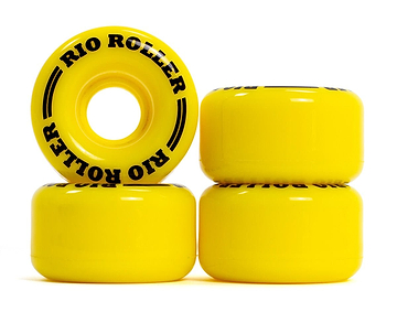 Four bright yellow PU wheels, labeled as Rio Roller Coaster 82A Quad Roller Skates Wheels, prominently showcase the "Rio Roller" brand name in bold black. One wheel remains upright for balance while the other three are arranged horizontally next to it.