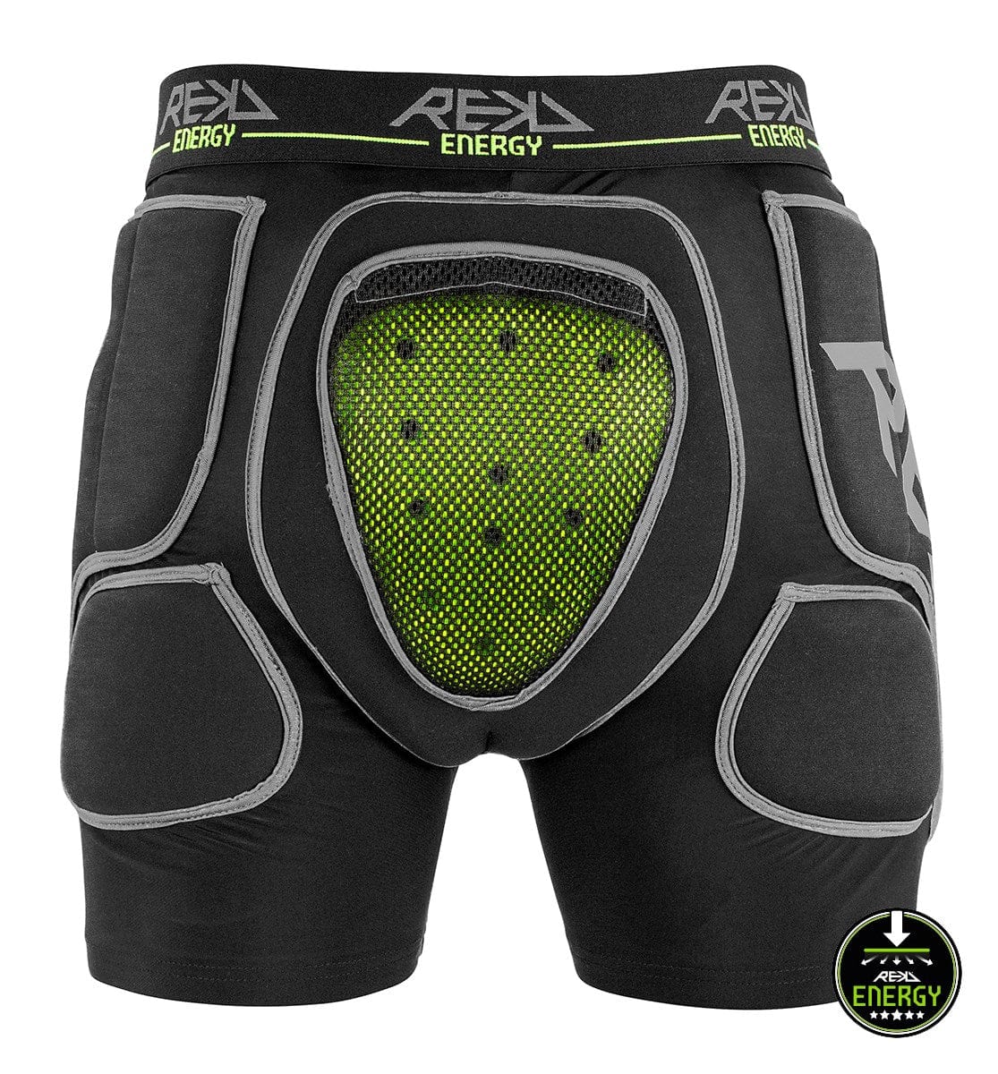 Introducing the REKD Energy Impact Skate Protection Shorts - Black by REKD: These shorts include a protective coccyx bone pad with neon green mesh and black outer material, highlighted by gray edges. Tailored for sports impact, they prominently display the "REKD Energy" branding on the waistline and bottom corner.