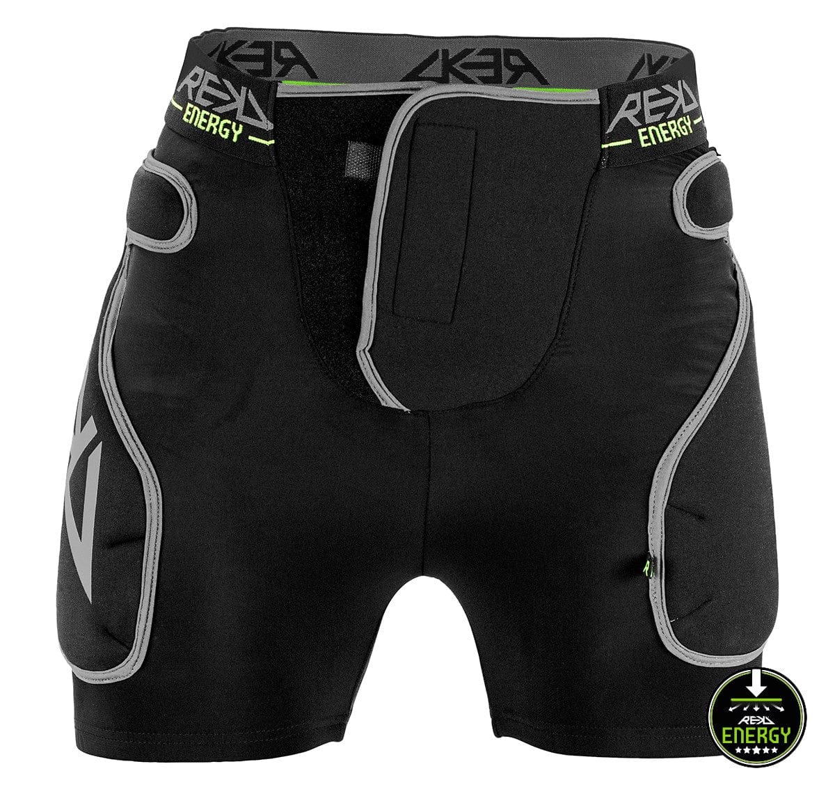 A pair of REKD Energy Impact Skate Protection Shorts in black are displayed against a white background, featuring a coccyx bone protector for enhanced safety.