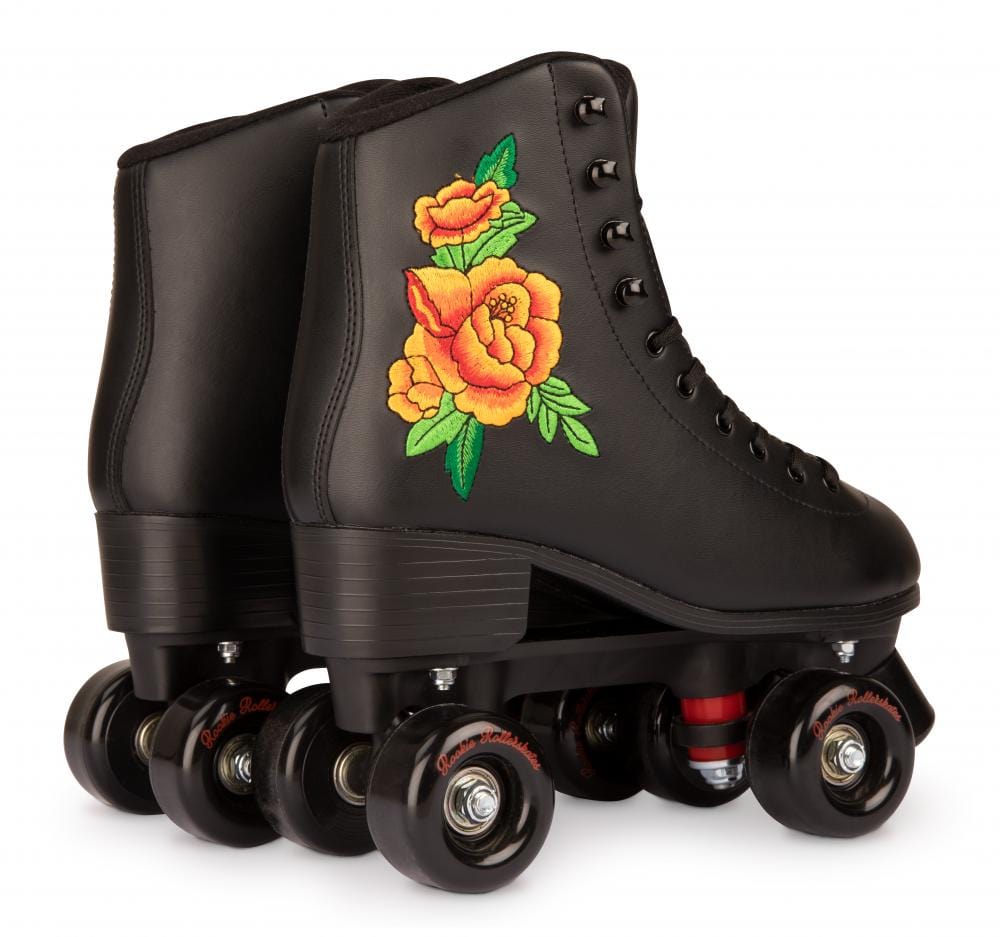 The Rookie Rosa Quad Roller Skates - Black by Rookie are a stunning vegan-friendly pair, featuring eye-catching yellow and orange flower embroidery on black skates. They come with black wheels and laces, plus a comfortable padded fleece lining, beautifully contrasted against a white background.