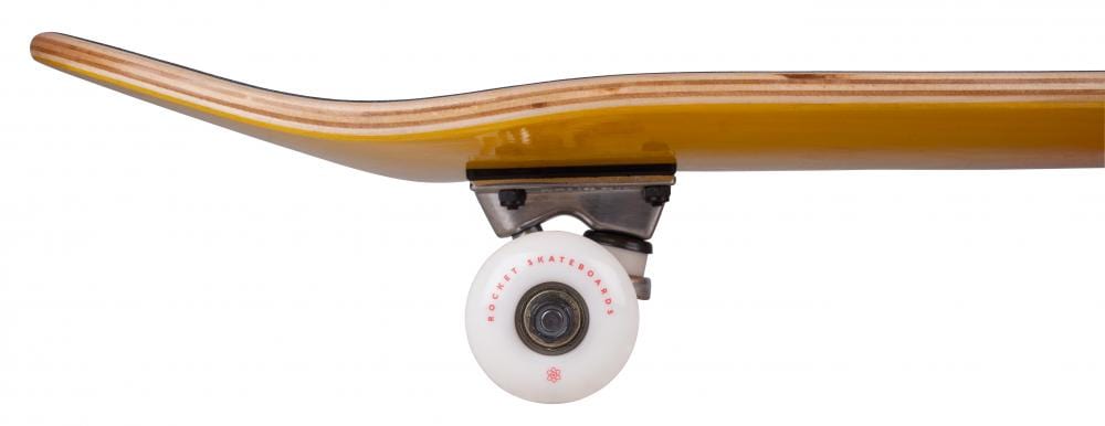 Close-up of the Rocket Double Dipped Orange / Yellow Complete Skateboard, highlighting the side profile of its 8" x 31" deck, aluminum trucks, and a single white wheel with red text. The deck is constructed from 7-ply hardrock maple with a wood finish and features a slight upward curve at the tail.