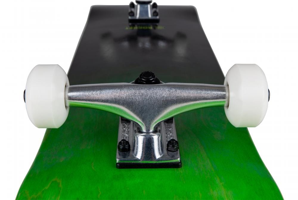 The Rocket Double Dipped Black / Green Complete Skateboard, measuring 8" x 31", features 7-ply hardrock maple and is equipped with metal and white wheels, making it ideal for beginner skaters.