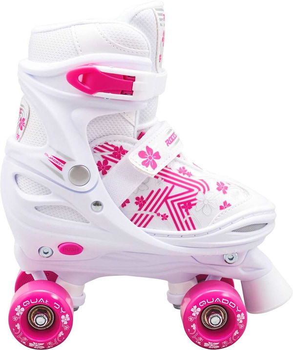 Introducing the Roces Quaddy 3.0 Adjustable Kids Roller Skates in White and Pink by Roces. These beginner skates feature delightful pink accents and charming floral patterns. Designed with a 3-point closure system and adjustable straps, they glide effortlessly on four pink wheels proudly labeled "QUAD." The vibrant and youthful design is ideal for those new to skating.
