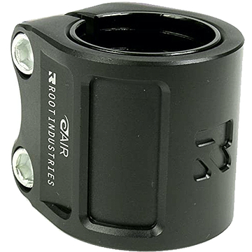 The stylish Root Industries AIR 2 Bolt Oversized Stunt Scooter Clamp - Black showcases a sleek black metal finish and is equipped with two silver bolts on the left. A white logo and brand name are elegantly displayed on the side of this cylindrical piece, which features a large circular opening for simple installation onto your scooter.