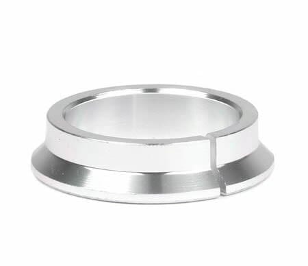 A Root Industries IHC Fork Headset Compression Ring, crafted from silver metal with a flat base and a distinct narrow cut on one side, is showcased beautifully against a plain white background.