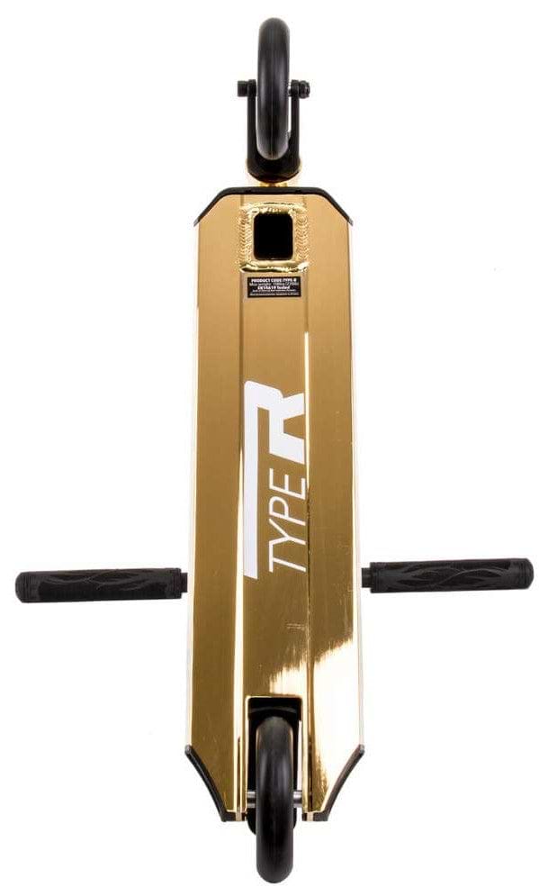 The Root Industries Type R Complete Stunt Scooter in Gold Rush, made of lightweight aluminum, boasts "Type R" printed in white underneath. It includes robust handlebars crafted from 4130 chromoly that extend on both sides and features black wheels on both the front and back.