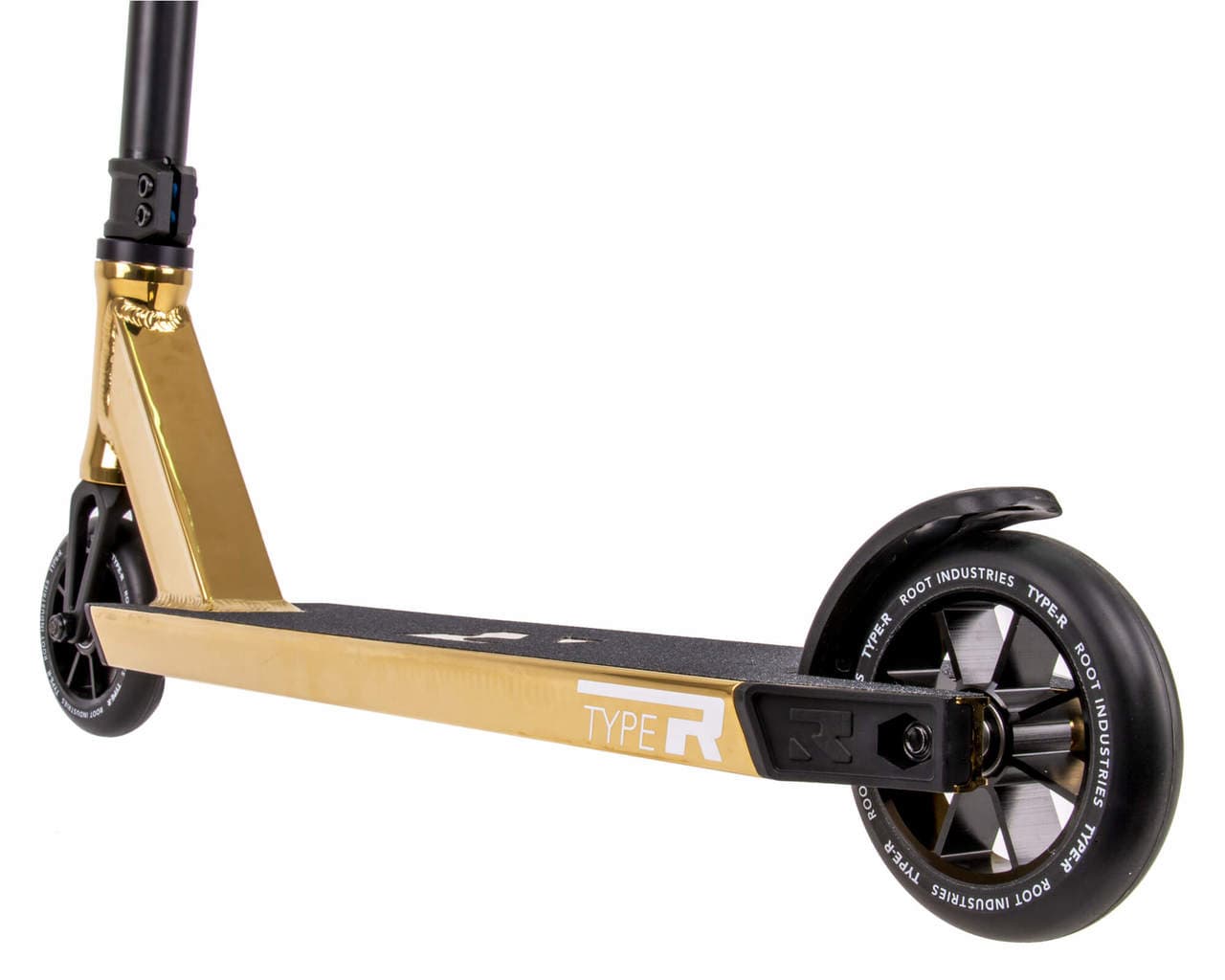 Close-up of the Root Industries Type R Complete Stunt Scooter - Gold Rush, showcasing its gold and black design with two wheels. It features a lightweight aluminum deck with "TYPE R" branding, durable 4130 Chromoly handlebars, and wheels with the "ROOT INDUSTRIES" logo on the rims. The scooter's frame has a sleek and shiny finish.