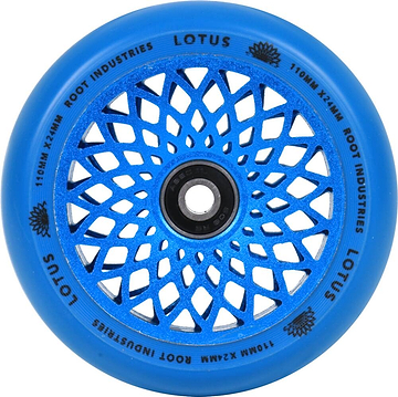 The Radiant Blue Root Industries Lotus 110mm Scooter Wheel features an intricate lattice-style design with the brand names "Lotus" and "Root Industries" elegantly written around its edge, making it ideal for freestyle scooter enthusiasts.