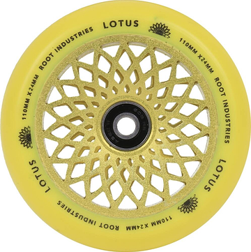 The Root Industries Lotus 110mm Scooter Wheel in Radiant Yellow showcases an intricate floral cutout design on its metal lotus core, making it ideal for freestyle scootering.