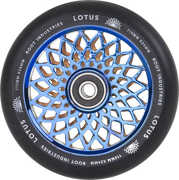 The Root Industries Lotus 110mm Scooter Wheel in Blu Ray/Black is ideal for freestyle scootering, featuring a geometric spoke pattern. The wheel proudly displays the "Lotus" brand alongside "Root Industries" branding, and includes a central bearing for easy mounting.