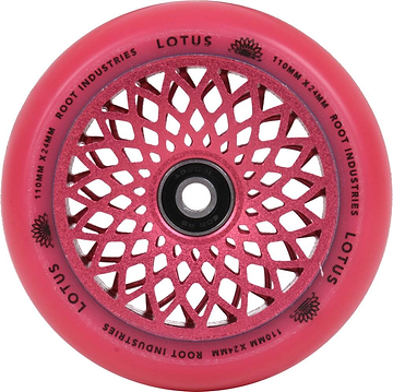 A radiant pink wheel with a black center and intricate, symmetric cutouts that form a lotus-like pattern is perfect for freestyle scootering. The Root Industries Lotus 110mm Scooter Wheel features the text "Lotus" and "Root Industries" printed around the edge.