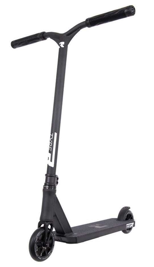 Introducing the Root Industries Type R Complete Stunt Scooter in Black, featuring a minimalist and modern design. This scooter boasts a sturdy frame with two wheels, rubber grip straight handlebars, and a textured deck surface for improved traction.
