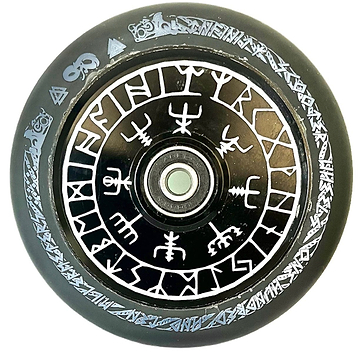 An Infinity Viking 110mm Hollowcore Stunt Scooter Wheel - Runes, round and black with detailed white rune-like designs circling its surface, is centered by a metallic hub. This wheel is recognized for its lightweight construction and high rebound PU material, making it perfect for smooth rides and agile maneuvers.