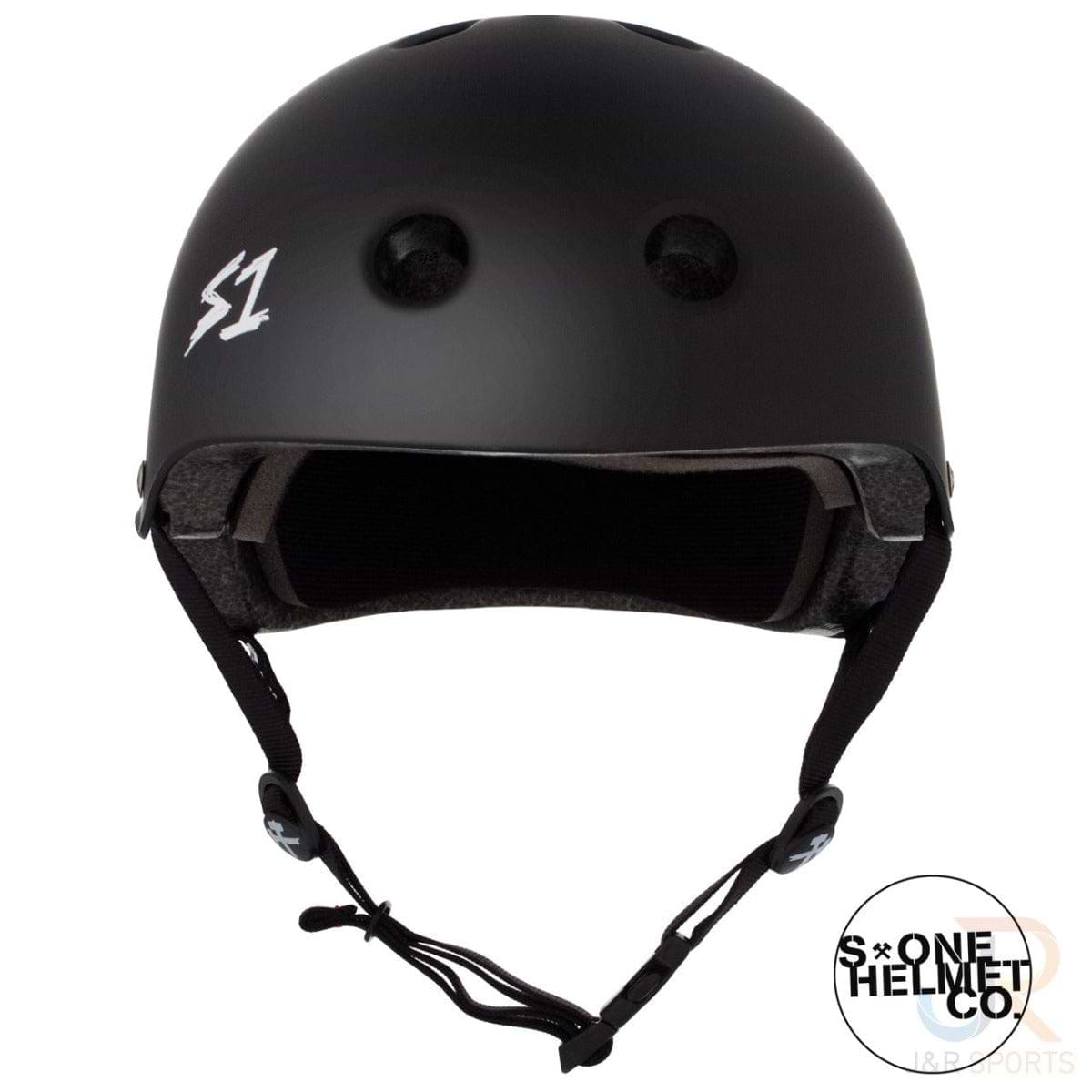The S1 Lifer Skate / Scooter Helmet in Matt Black features a stylish matte design with ventilation holes on top and an adjustable chin strap for a secure fit. Equipped with EPS Fusion Foam, it provides exceptional protection, while the iconic S1 logo is prominently displayed on the front of this protective helmet.