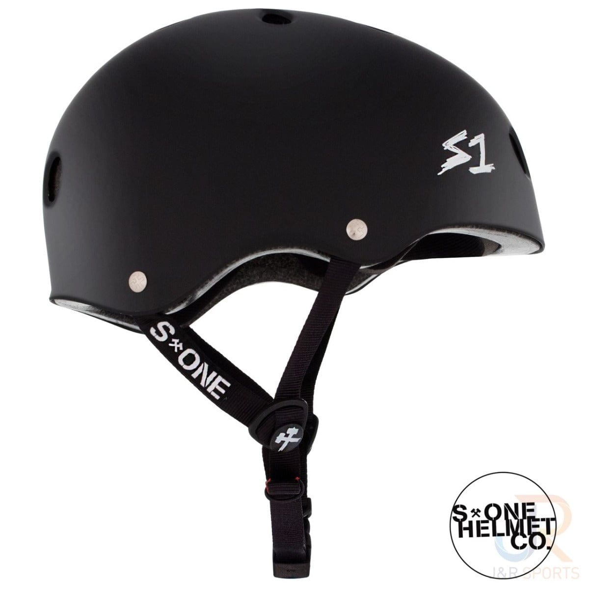 The S1 Lifer Skate / Scooter Helmet in Matt Black boasts ventilation holes and an adjustable chin strap for enhanced comfort. Made with EPS Fusion Foam, this protective helmet prominently features the S1 logo on the side, with the brand's emblem visible at the bottom right corner of its image.