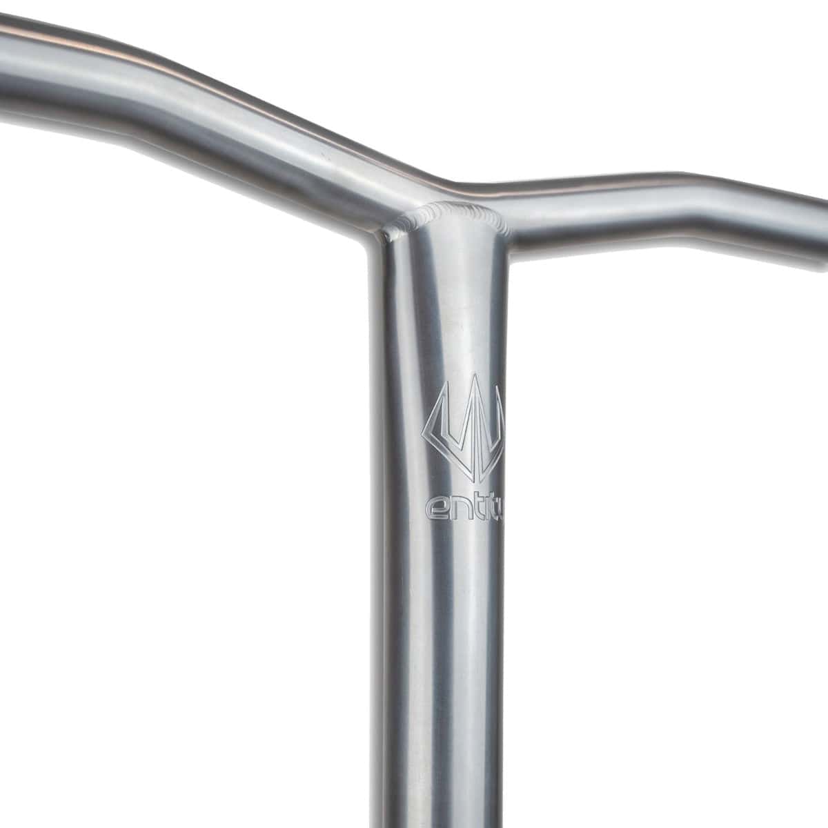 A close-up of the Entity Seraph Titanium Oversized SCS Stunt Scooter Bars in silver showcases a handlebar made from space-grade titanium. Featuring a minimalist design with the "Entity" logo prominently displayed, the surface is smooth and reflective, emphasizing its remarkable strength-to-weight ratio and robust construction.