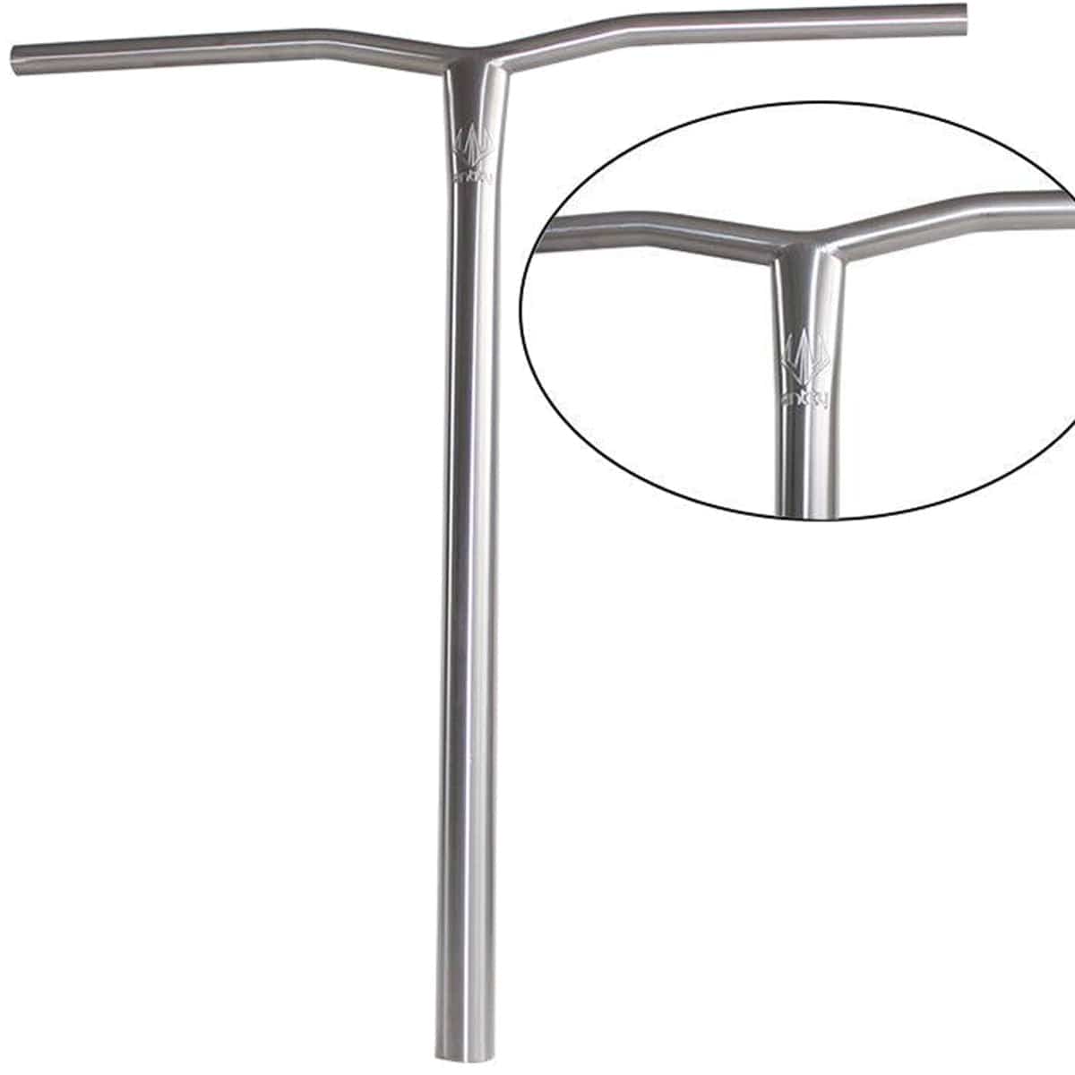 The Entity Seraph Titanium Oversized SCS Stunt Scooter Bars in Silver, measuring 670mm x 610mm, are crafted from space-grade titanium in a T-shape with a central reinforcement joint. The close-up inset highlights the intricate welding and design details, showcasing its impressive strength-to-weight ratio that makes it ideal for stunt scooter use.