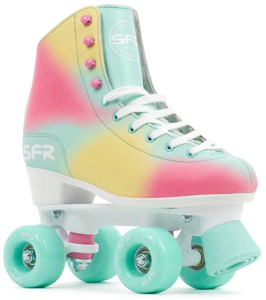 The SFR Brighton Figure Quad Roller Skates - Tropical features a multicolored roller skate with a pastel gradient design in shades of pink, yellow, and blue. It includes white laces, pink eyelets, and durable PU cast turquoise wheels. The brand "SFR" is prominently displayed on the side and front of the skate.