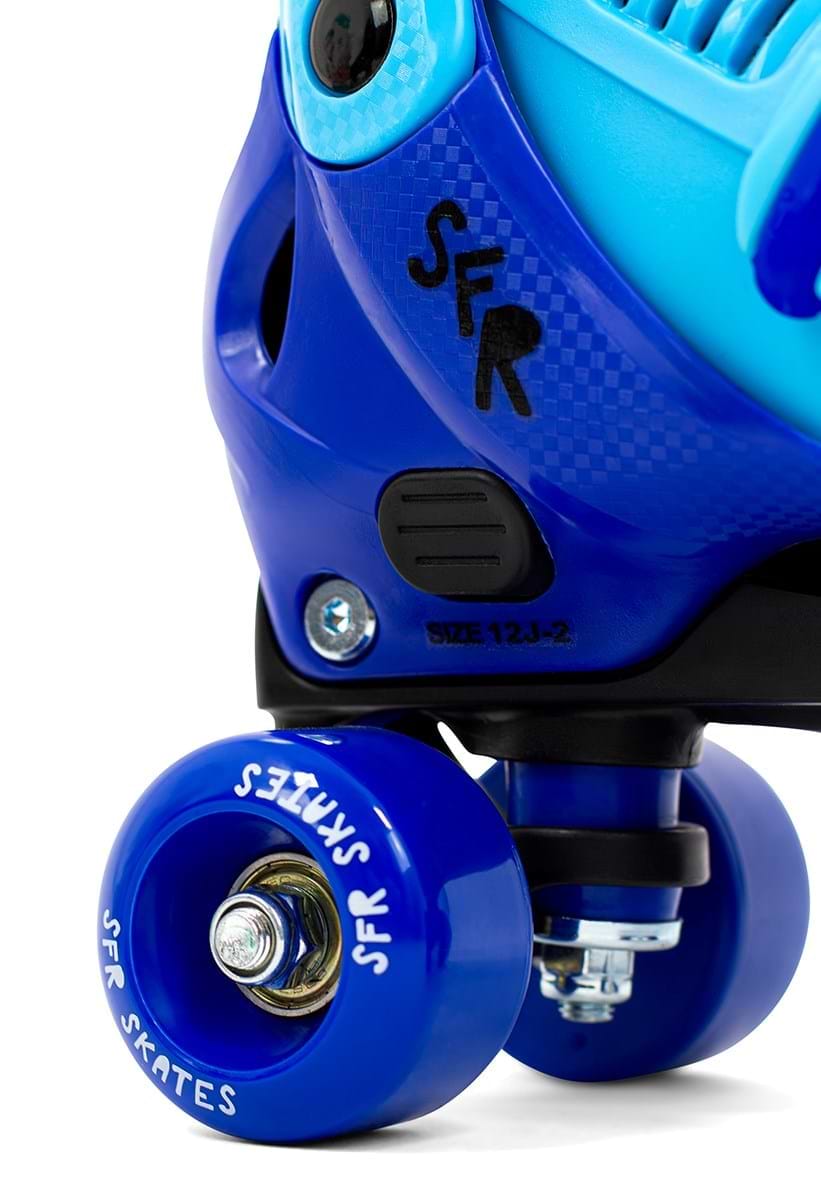 A close-up of the SFR Hurricane IV Adjustable Quad Roller Skates - Shark highlights their sleek design, featuring a handy size-adjuster system for the perfect fit.