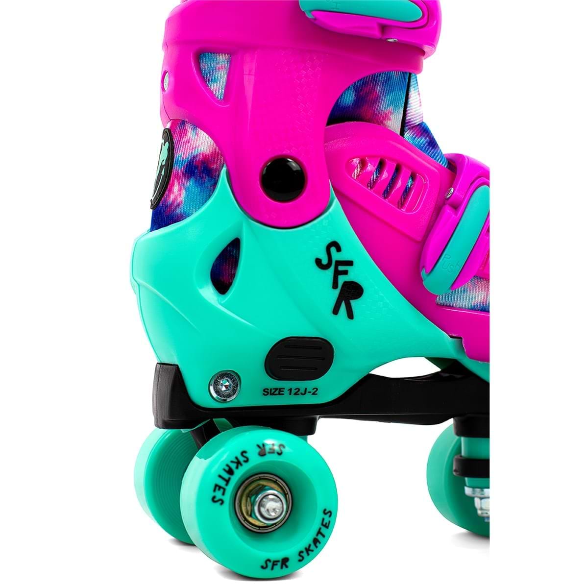 A close-up of the SFR Hurricane IV Adjustable Quad Roller Skates - Tie Dye highlights a lively pink and teal color scheme. The wheels and frame are bright teal, complementing the boot's tie-dye pattern with quick-release buckles. The brand name "SFR" is printed on the side, drawing attention to its sleek size-adjuster system.