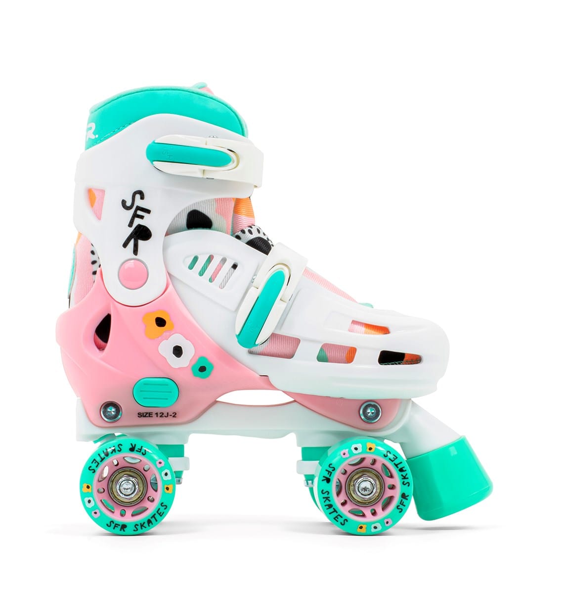 Introducing the SFR Storm V Adjustable Quad Roller Skates - Flower by SFR, featuring a lively design with a white base complemented by pink and mint green accents plus beautiful decorative patterns. These skates come equipped with size-adjustable straps to ensure the perfect fit for your feet. Ideal for exhilarating roller skating adventures, they boast four sturdy wheels for enhanced stability and performance.