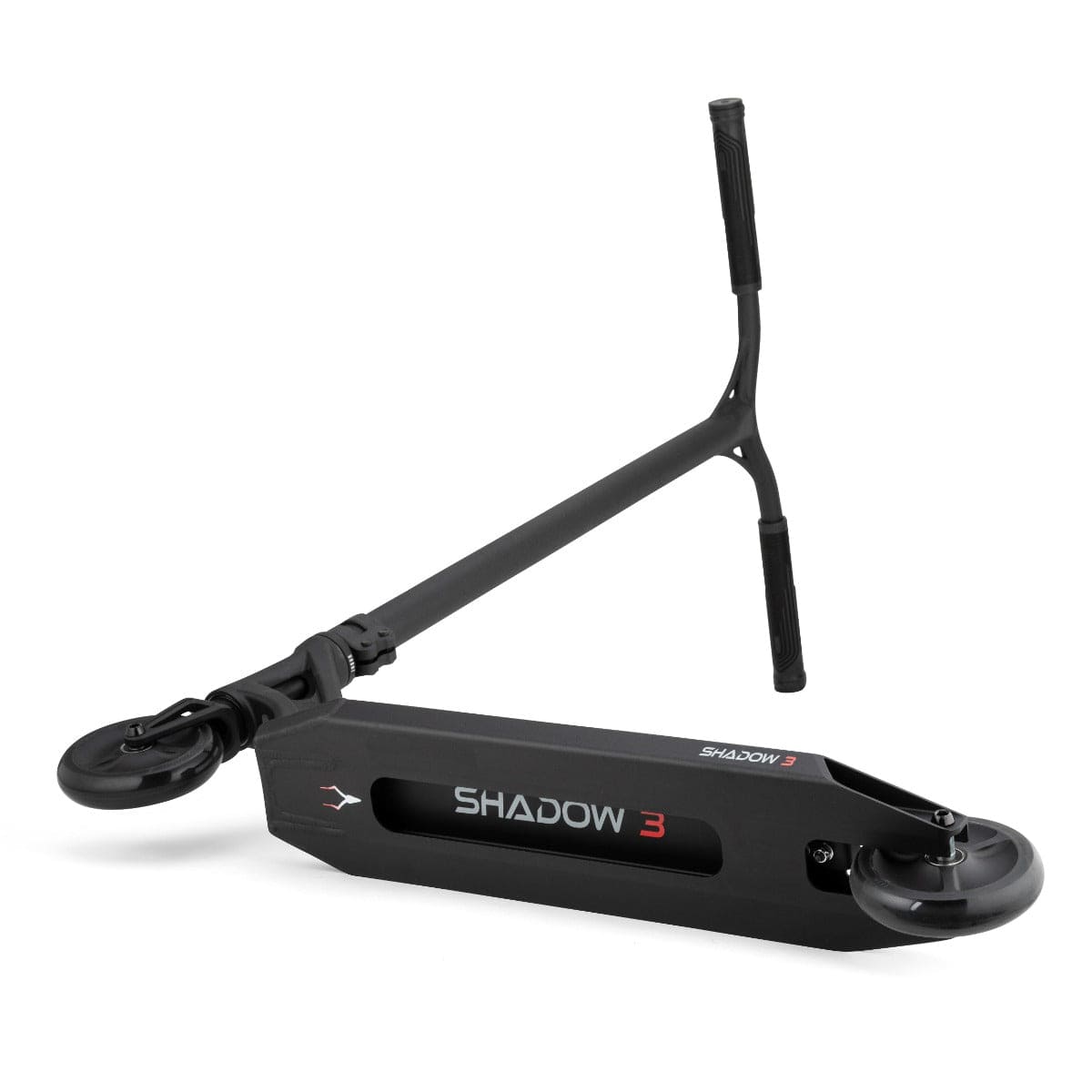 Introducing the Drone Shadow 3 Feather-Light Complete Stunt Scooter in Black, showcasing a minimalist design with "SHADOW 3" gracing its deck. It features Helios Hollow-Spoked Wheels and a T-shaped handlebar. This feather-light, sleek scooter leans against a plain white backdrop, epitomizing modern simplicity.