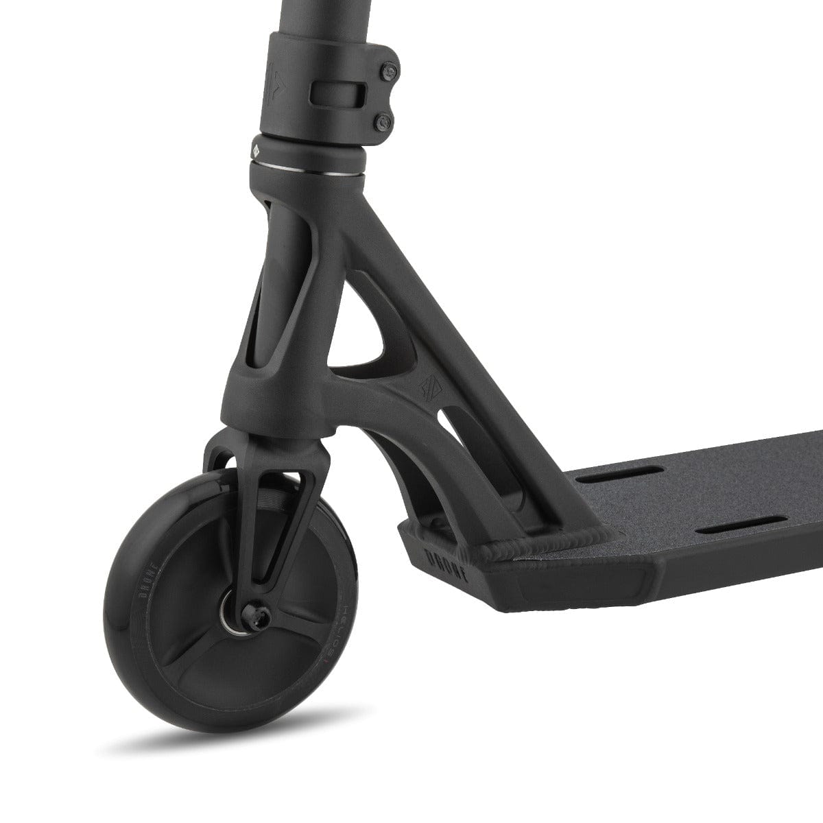 Close-up of the Drone Shadow 3 Feather-Light Complete Stunt Scooter's wheel and deck in black. The design showcases sleek lines with a sturdy, modern structure, highlighting functionality and style with Helios Hollow-Spoked Wheels for enhanced performance and sportiness.