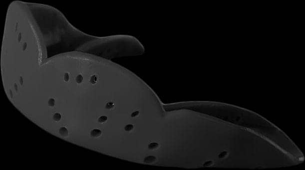 A charcoal black SISU Next Gen Aero Protection Mouthguard, featuring advanced Diffusix™ technology and multiple ventilation holes for essential protection, is displayed against a dark background.