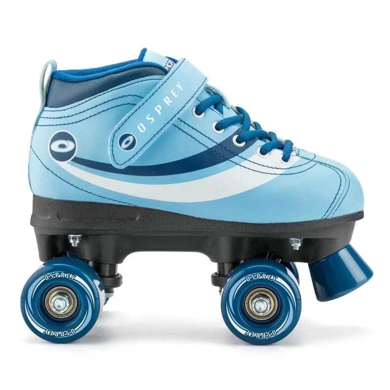 The Osprey Disco Quad Roller Skates - Blue feature a blue and white design with four blue wheels, black base, blue laces, and velcro strap—ideal for indoor or outdoor use. Sporty style from Osprey, shown on a white background.