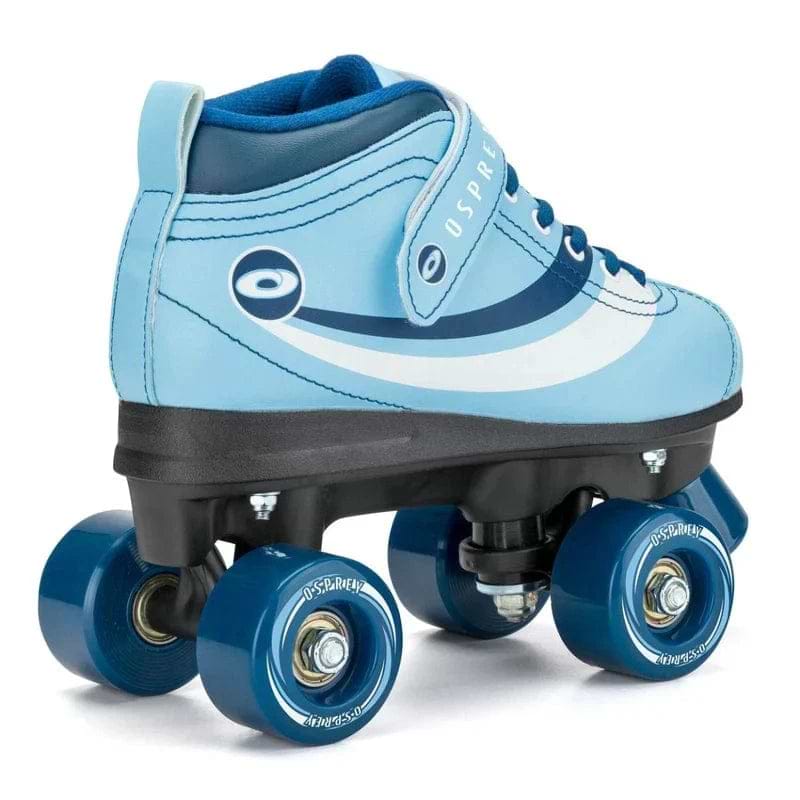 The Osprey Disco Quad Roller Skates - Blue feature a high ankle boot, four wheels, and "Osprey" branding, designed for indoor and outdoor recreation. Shown from a rear side angle.