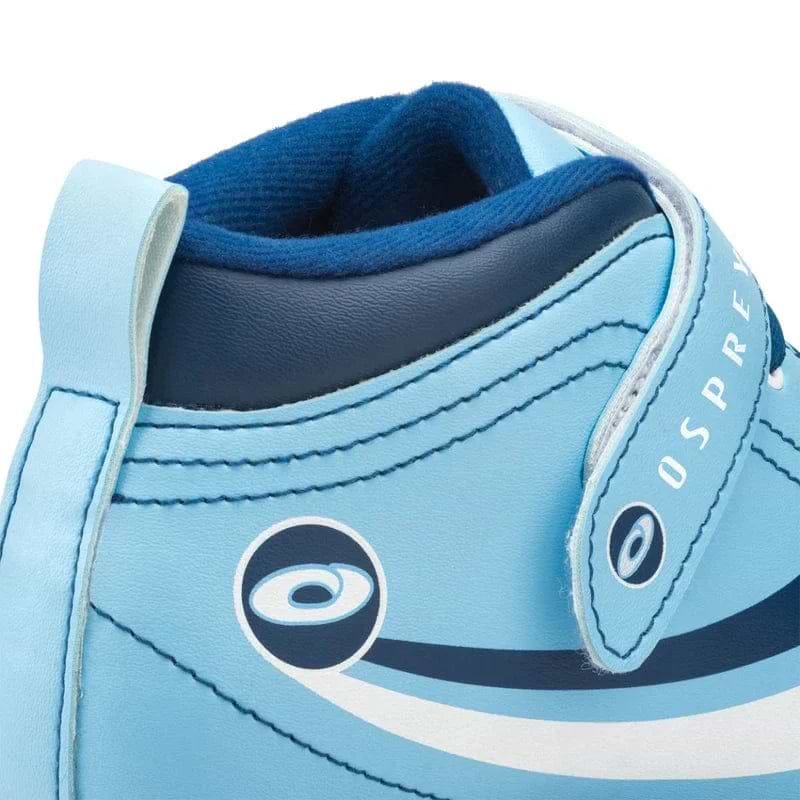 Close-up of the heel and ankle on the Osprey Disco Quad Roller Skates - Blue, featuring detailed stitching, a blue loop, and partial Osprey branding—ideal for both indoor and outdoor skating.
