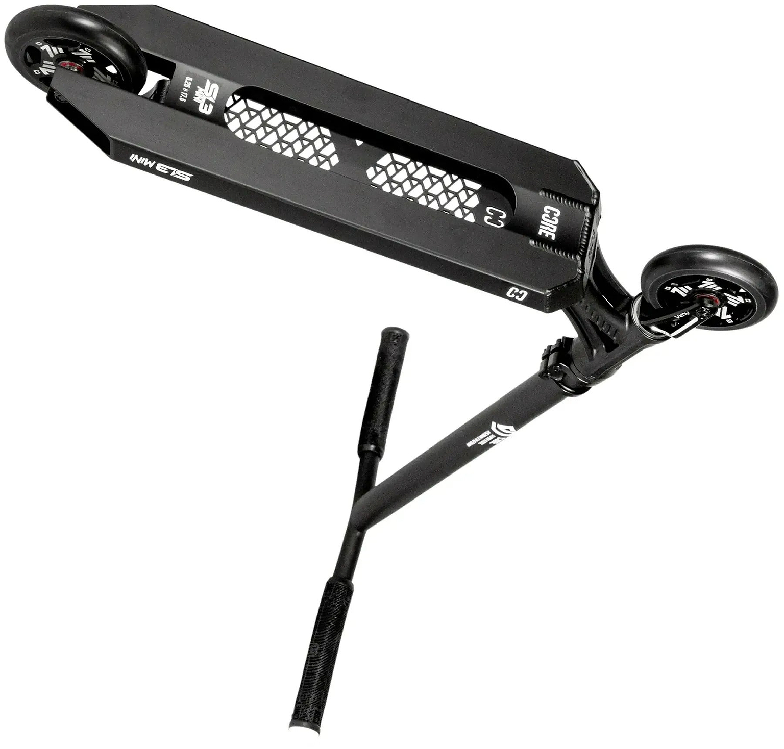 The CORE SL3 Mini Complete Stunt Scooter in black is displayed from above at an angle, showcasing its deck, wheels, and handlebars. The deck features a cutout pattern and CORE branding details, while the handlebars and wheels exhibit a sleek, modern design.